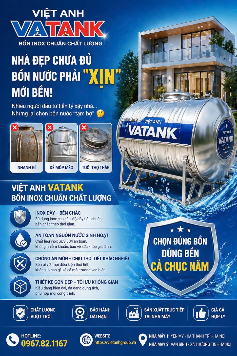Bồn nước inox bền bỉ chống rò rỉ an toàn cho gia đình