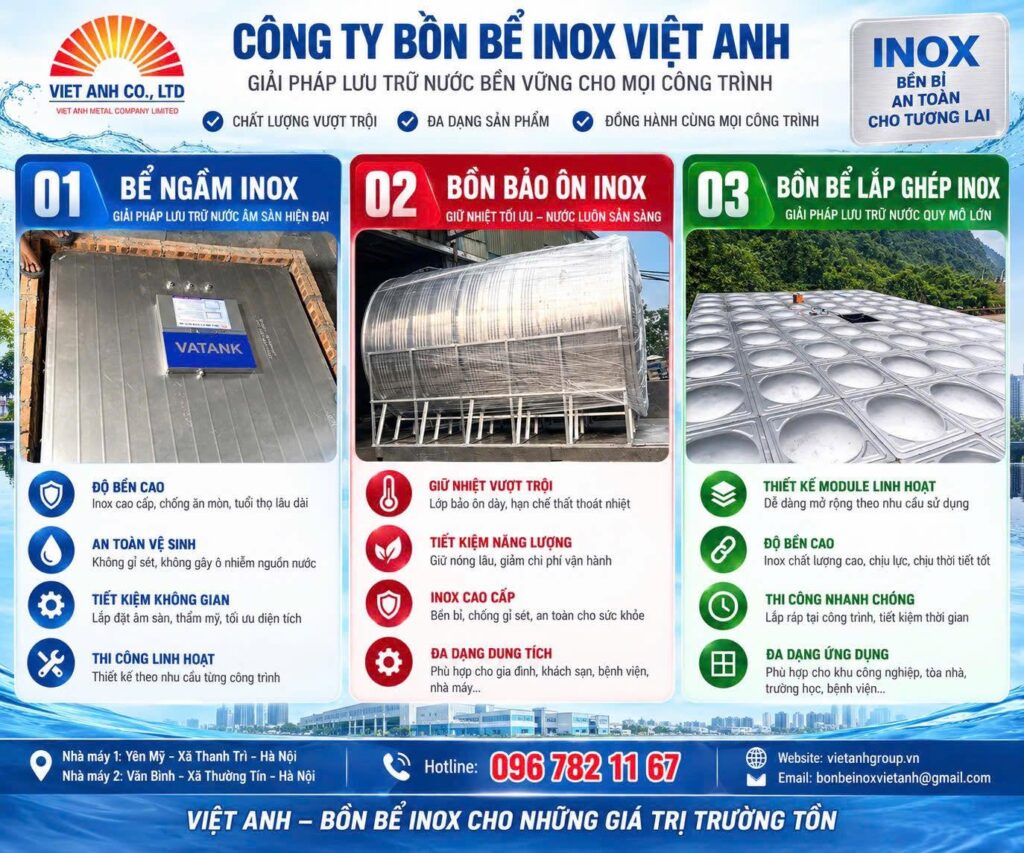 Tổng hợp 3 giải pháp bồn bể inox Việt Anh VATANK gồm bể ngầm, bồn bảo ôn và bồn lắp ghép